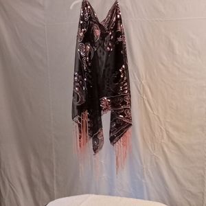 BLACK LACE SHAWL/PONCHO W/ SEQUINED PEACOCKS XL